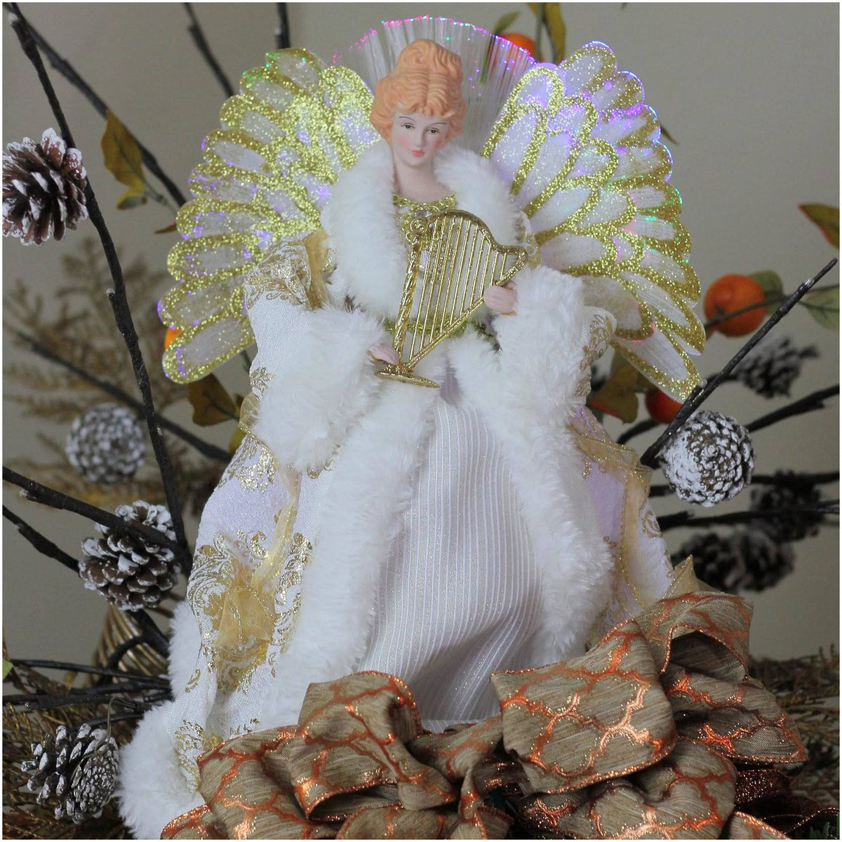 12x22 Lighted Fiber Optic Angel in Gold and Cream Gown with Harp Christmas Tree Topper G5462