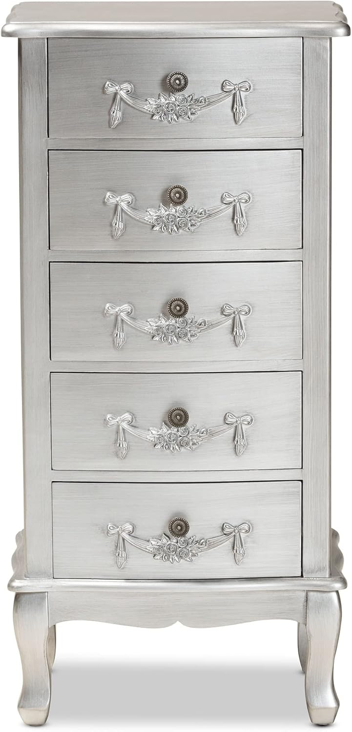 Brushed Silver Finished Wood 5-Drawer Chest X8322