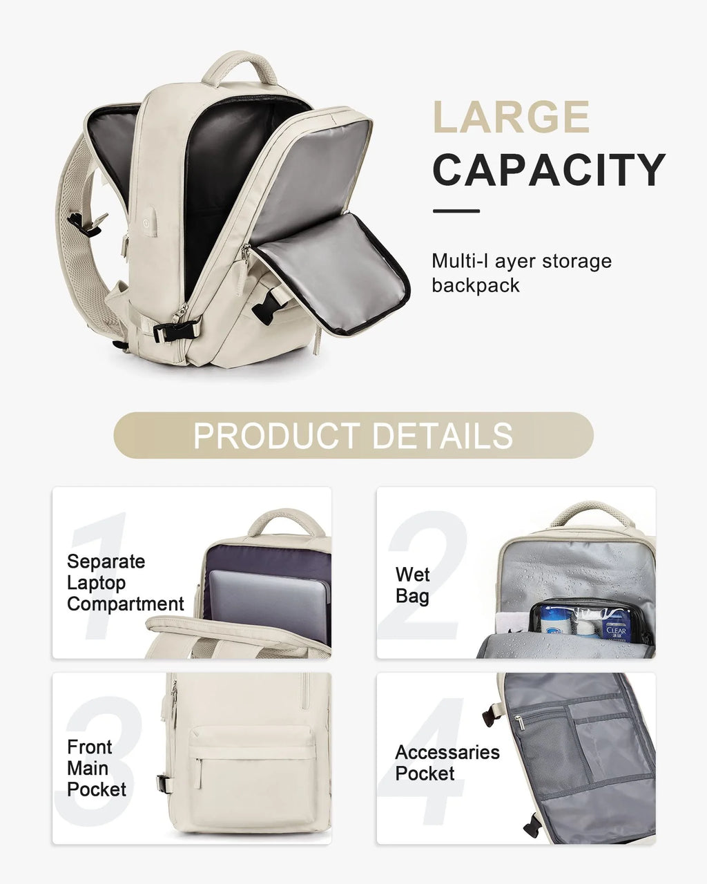 Beige Waterproof 14 Inch Laptop Travel Backpack with Shoe Compartment R3083