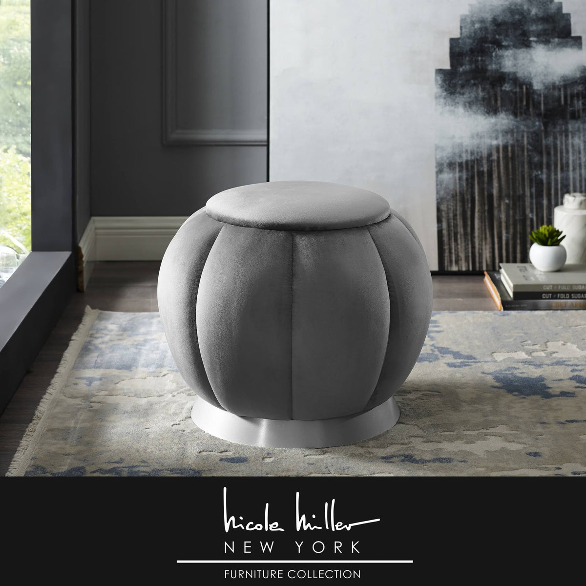 Grey Upholstered Ottoman with Gold Matte Base R186