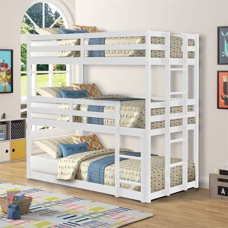 Wood Triple Bunk Bed with Built-in Ladder and Guardrails I641