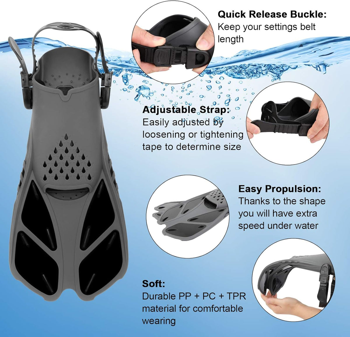 Black Short Snorkel Fins with Adjustable Buckles, L/XL U48660