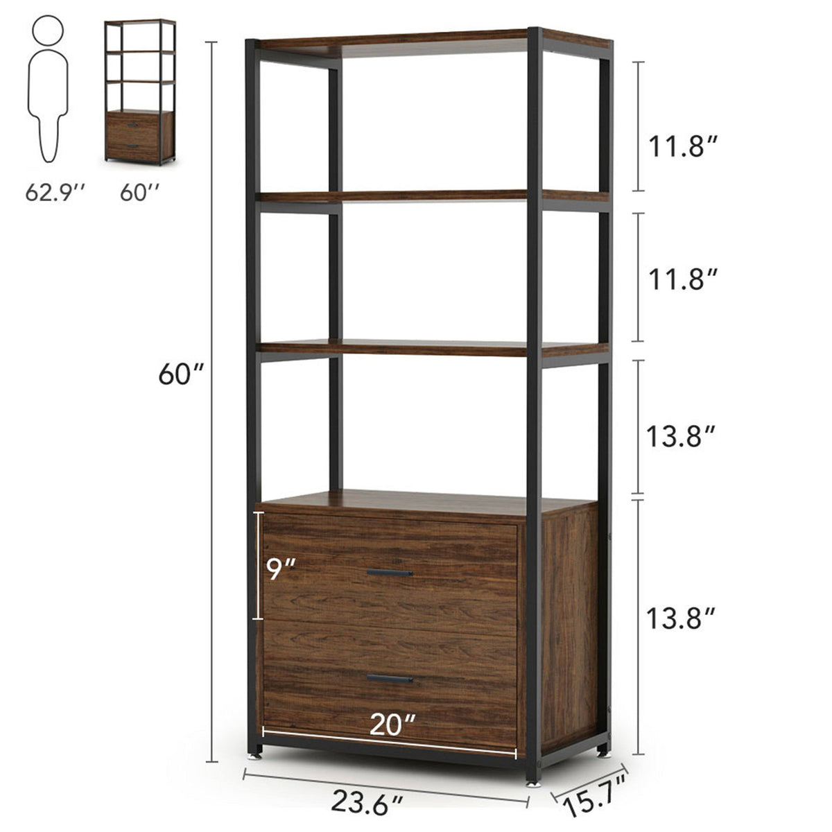 Black Bookcase with 2 Drawers Storage Cabinet Display Shelves A804133