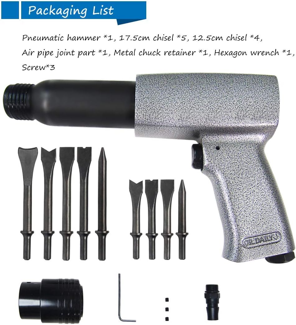 Pneumatic Air Hammer Kit 2200RPM 250G with 9 Air Chisels and 1 Chuck Retainer E69253