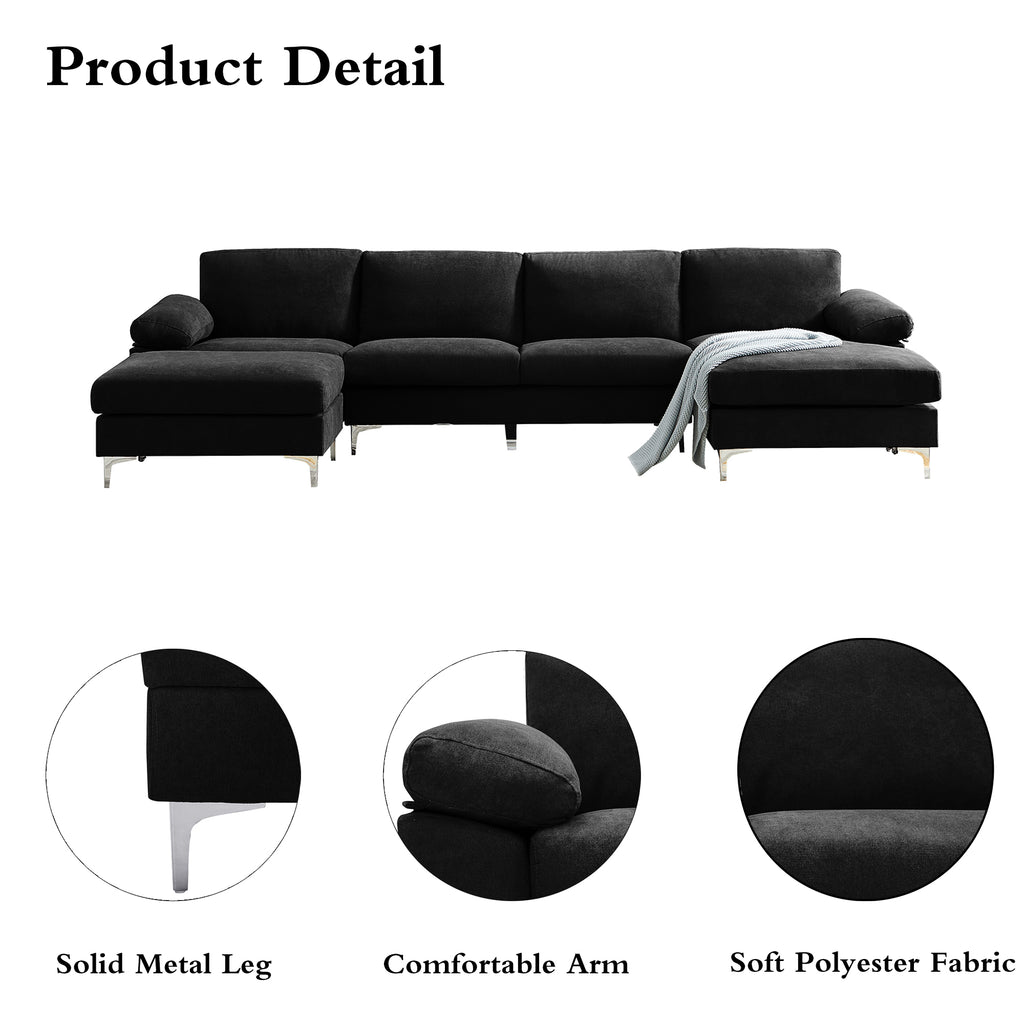 Black Polyester L-Shaped Sectional Sofa with Ottoman D3470