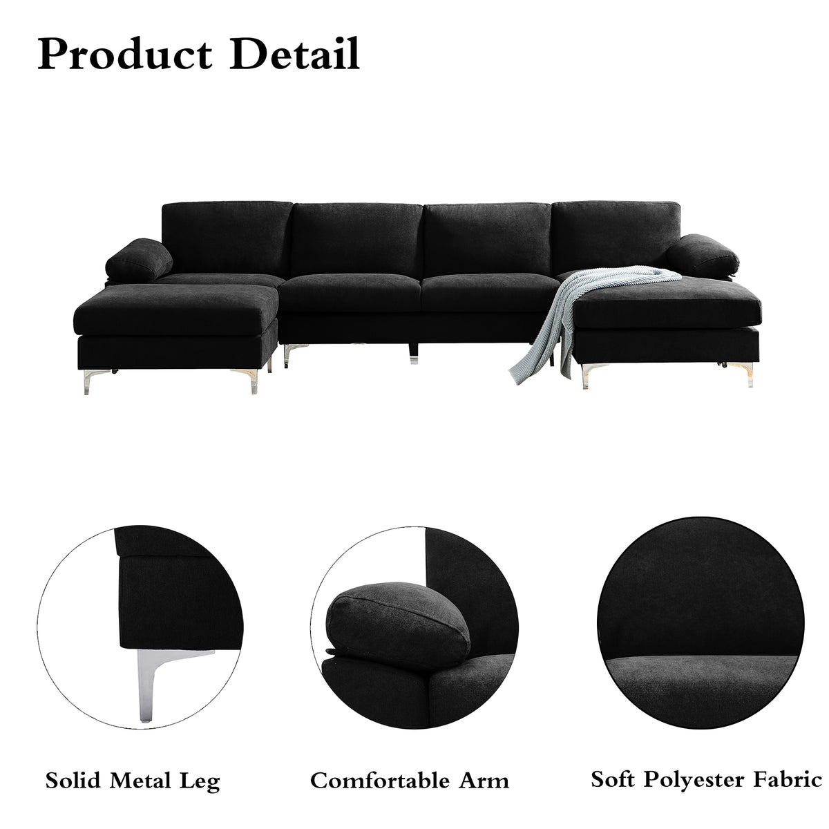 Black Polyester L-Shaped Sectional Sofa with Ottoman D3470