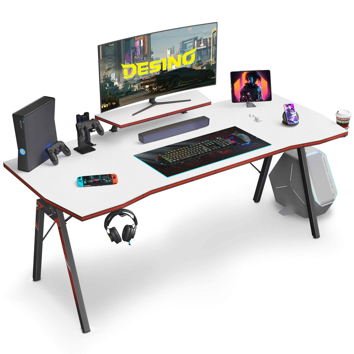 White 55 inch Gaming Desk with Cup Holder and Headphone Hook R969