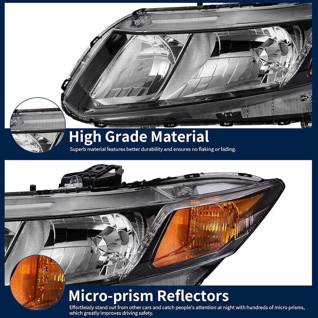 Headlight Assembly Compatible with 2012 2015 Civic Sedan 4-Door Coupe 2-Door Black Housing Amber Reflector V255094