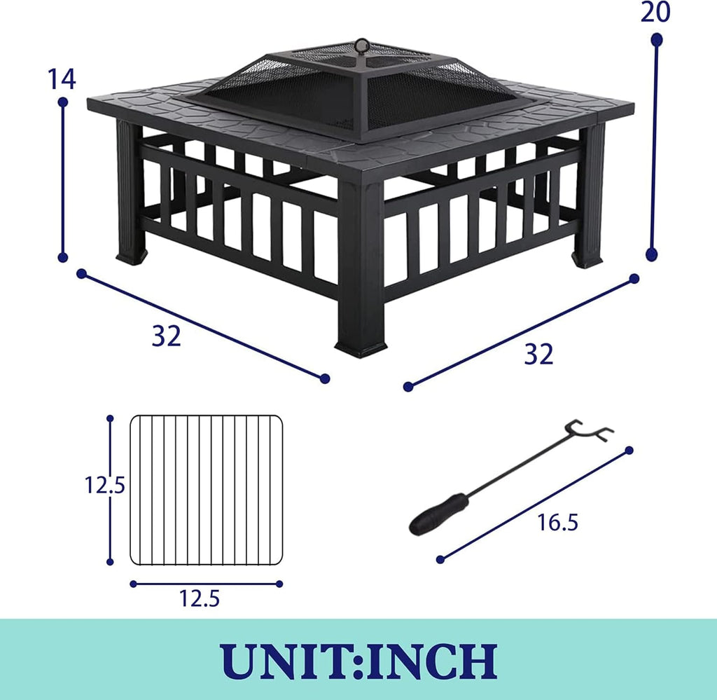 32 inch Square Metal Fire Pit with Poker Mesh Cover and Charcoal Rack H552239