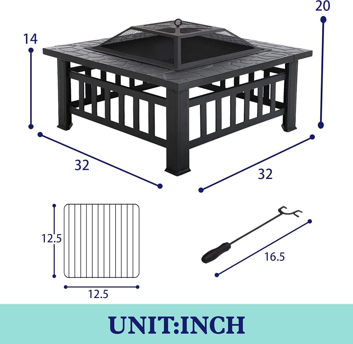 32 inch Square Metal Fire Pit with Poker Mesh Cover and Charcoal Rack H552239