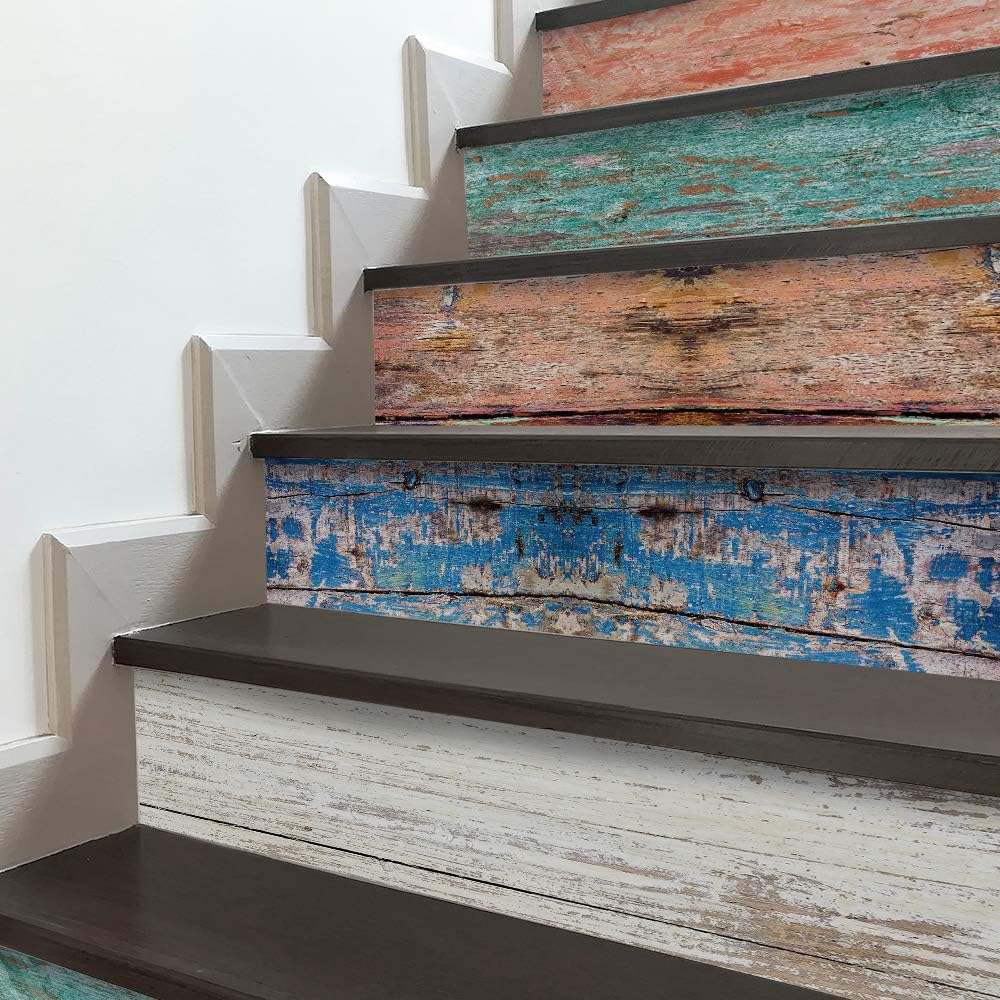 14 PCS Self Adhesive Vinyl Stair Risers Staircase Decals, Faux Weathered Rustic Wood, Pack of 2 P673
