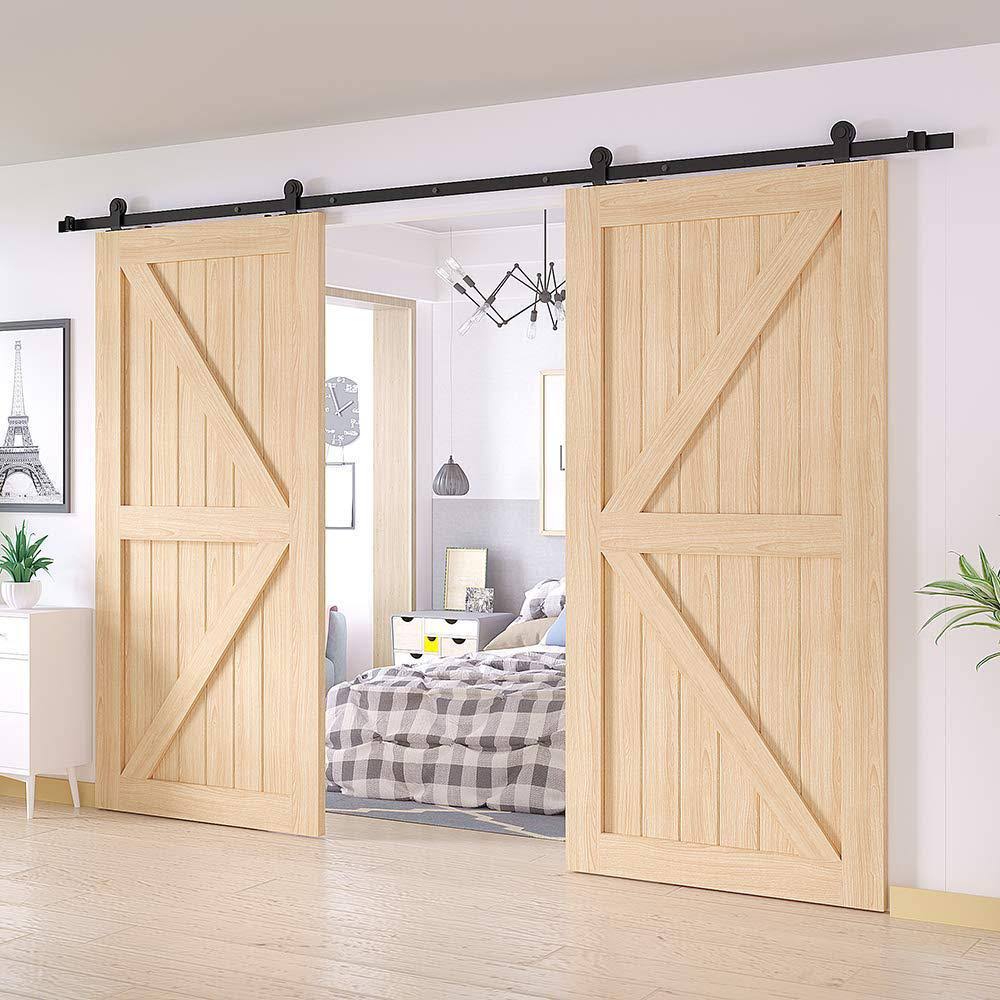 Frosted Black Top Mount Sliding Barn Door Hardware Track Kit for Double Doors with Non-Routed Floor Guide X6918