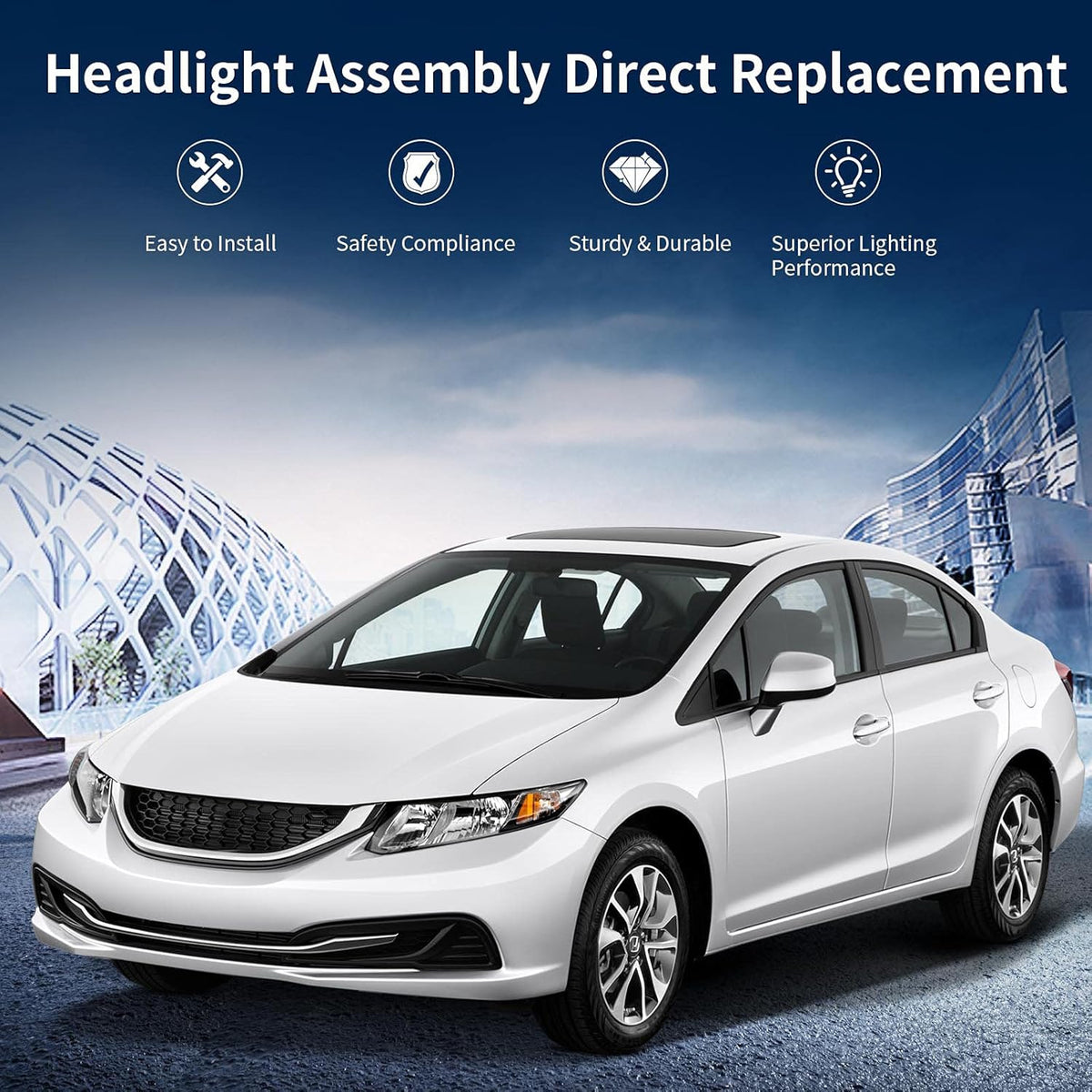 Headlight Assembly Compatible with 2012 2015 Civic Sedan 4-Door Coupe 2-Door Black Housing Amber Reflector V255094