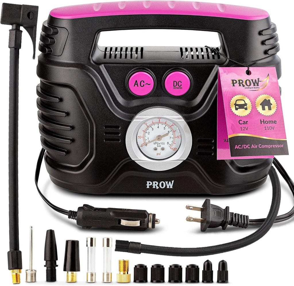 Electric Air Compressor Portable Tire Inflator 12V 110V Car and Bike Pump Presta and Schrader Valve Analog Pressure Gauge W756