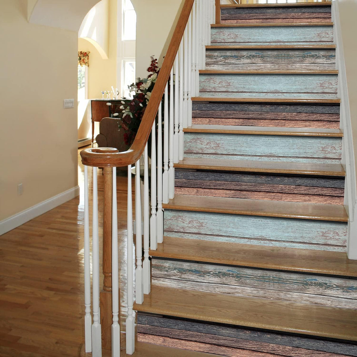 14 PCS Self Adhesive Vinyl Stair Risers Staircase Decals, Faux Weathered Rustic Wood, Pack of 2 P673