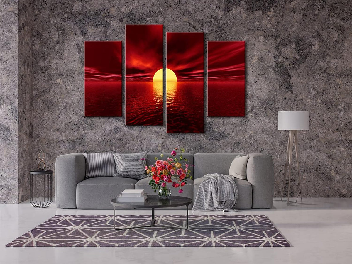 Red Sea Sun Paintings 4 Piece Large Stretched Framed Seascape Ocean Beach Canvas Art Y92912