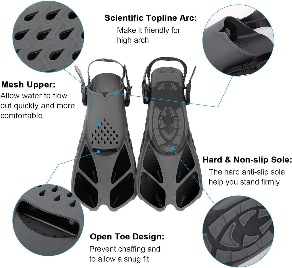 Black Short Snorkel Fins with Adjustable Buckles, L/XL U48660
