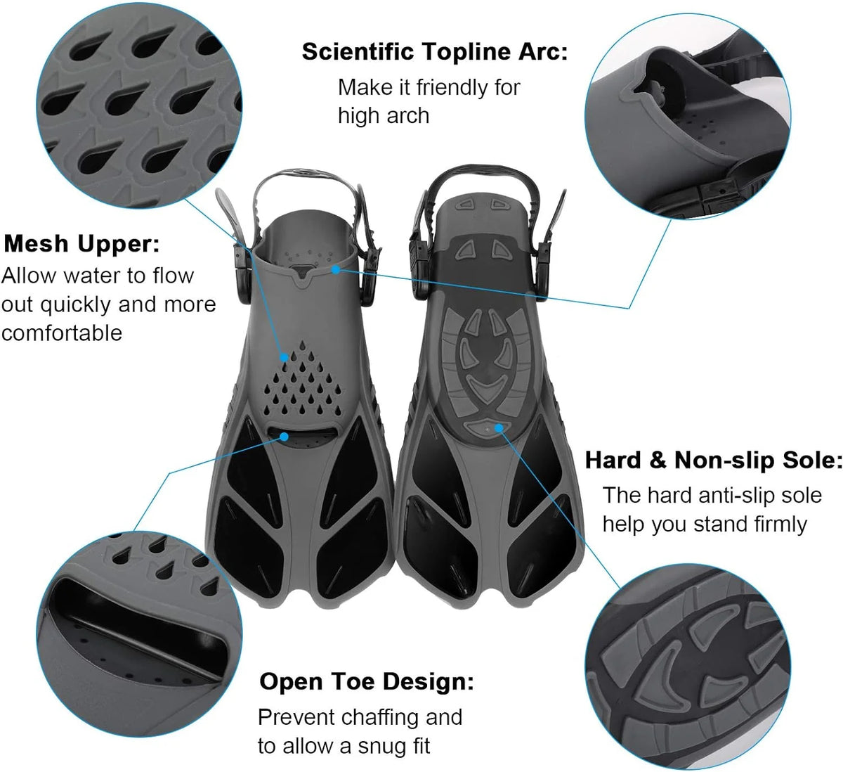 Black Short Snorkel Fins with Adjustable Buckles, L/XL U48660