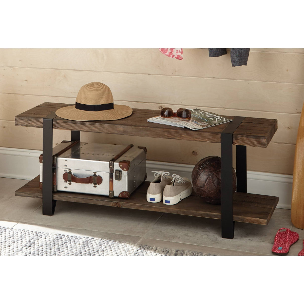 Natural Reclaimed Wood and Metal Bench L900301