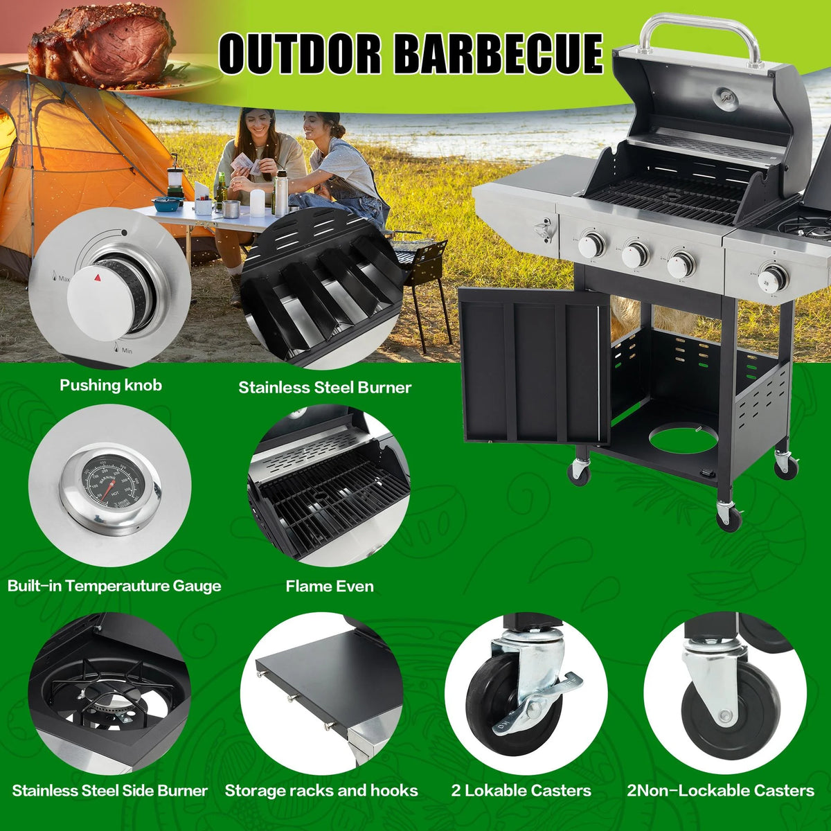 3 Burner Stainless Steel Propane Gas Grill with Side Burner R624