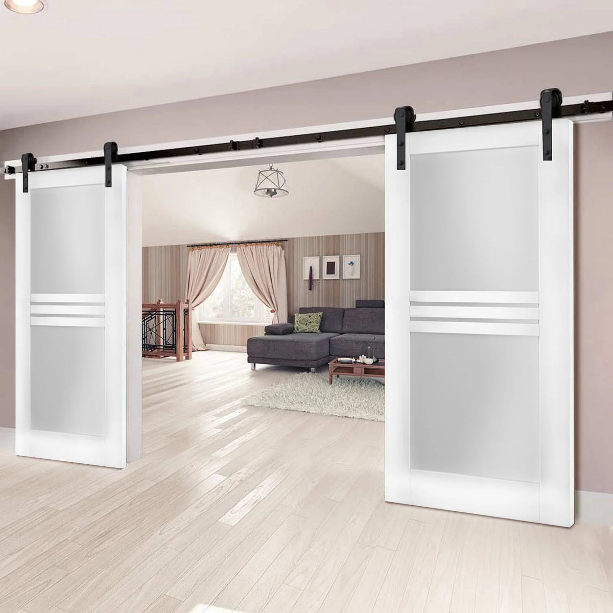 Modern Double Barn Door 36 x 80 inches with Opaque Glass 4 Lites X559