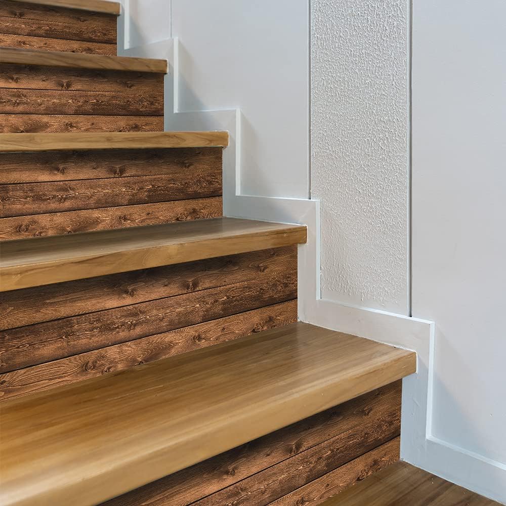 14 PCS Self Adhesive Vinyl Stair Risers Staircase Decals, Faux Weathered Rustic Wood, Pack of 2 P673