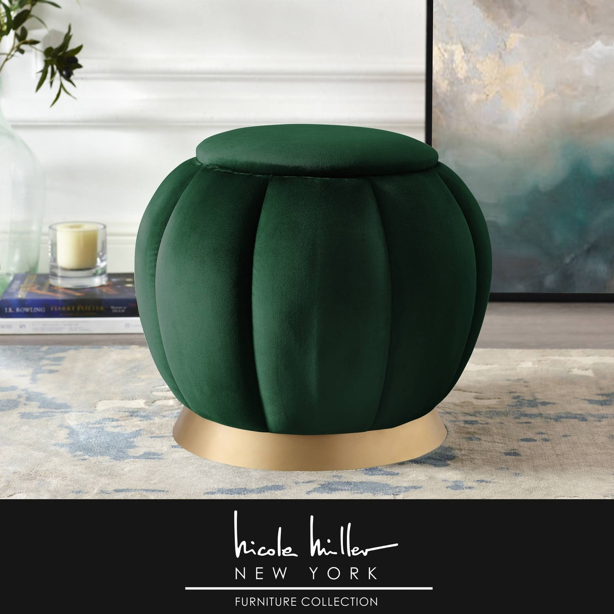 Grey Upholstered Ottoman with Gold Matte Base R186