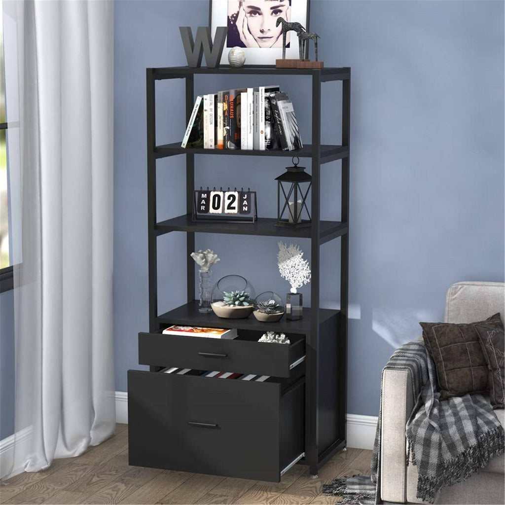 Black Bookcase with 2 Drawers Storage Cabinet Display Shelves A804133