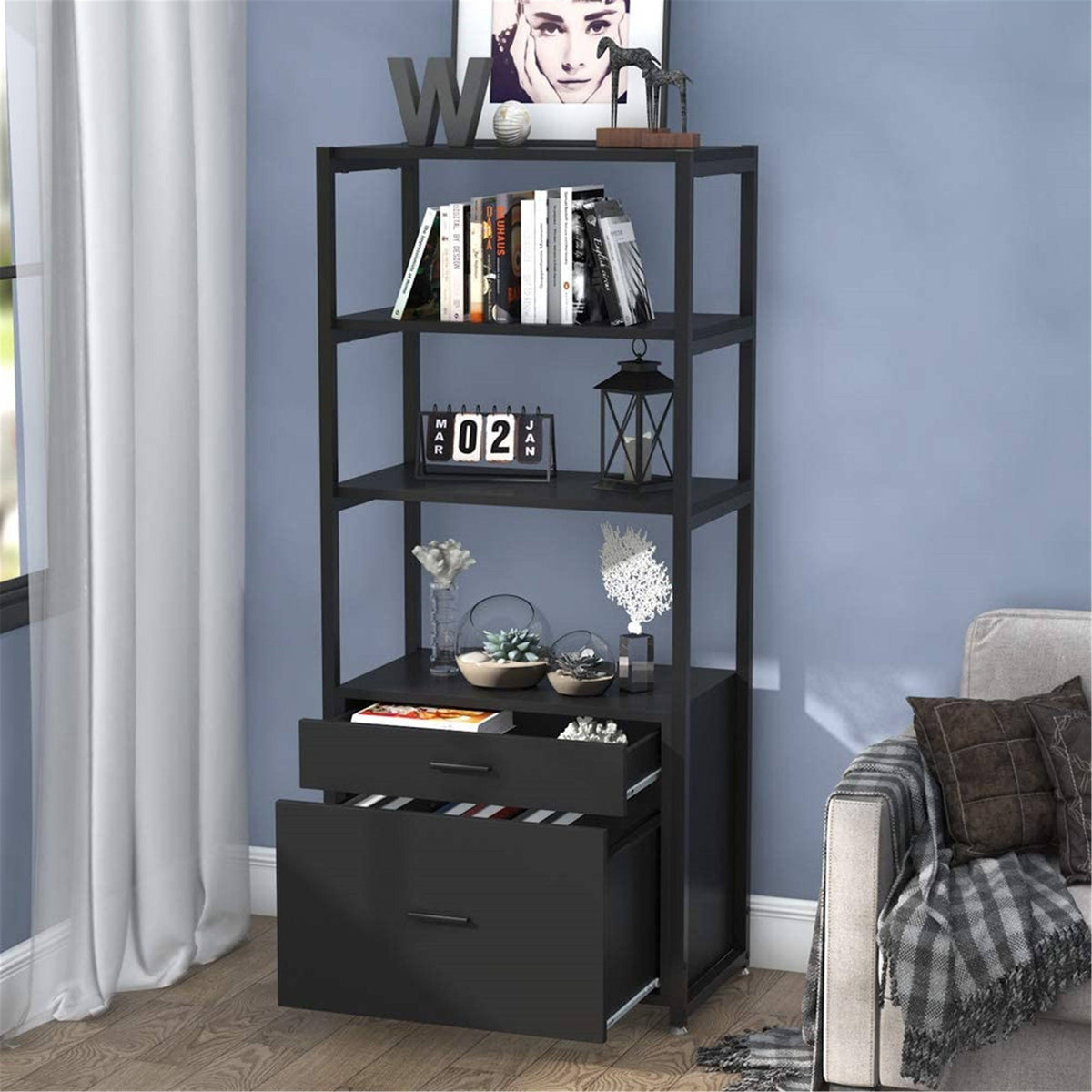Black Bookcase with 2 Drawers Storage Cabinet Display Shelves A804133