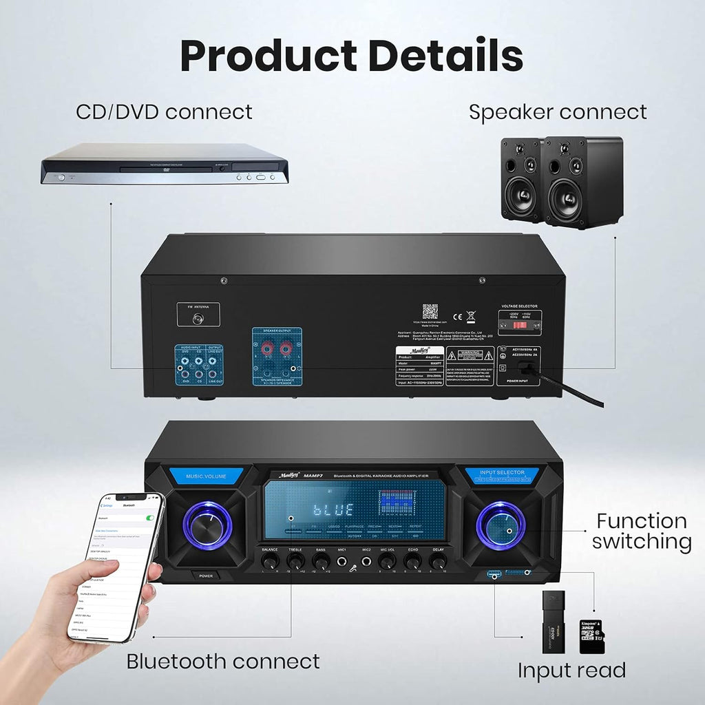 Bluetooth 5.0 330W 2 Channel Stereo Receiver with USB/SD, RCA/3.5mm AUX, LED, Remote A66479
