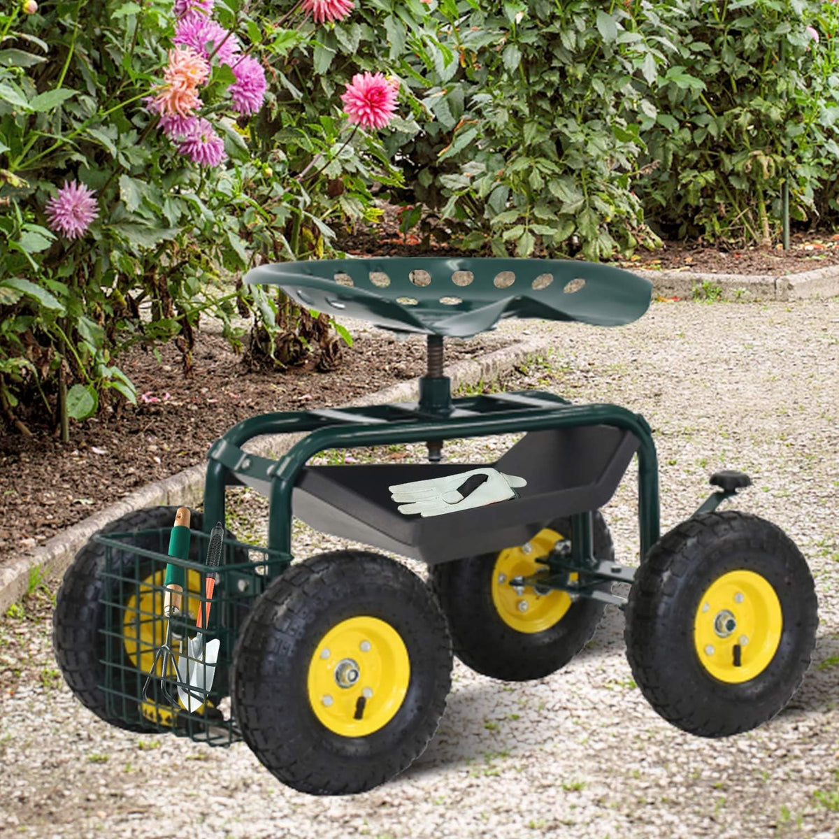 Heavy Duty Rolling Garden Cart with Tool Tray and Storage Basket G615016
