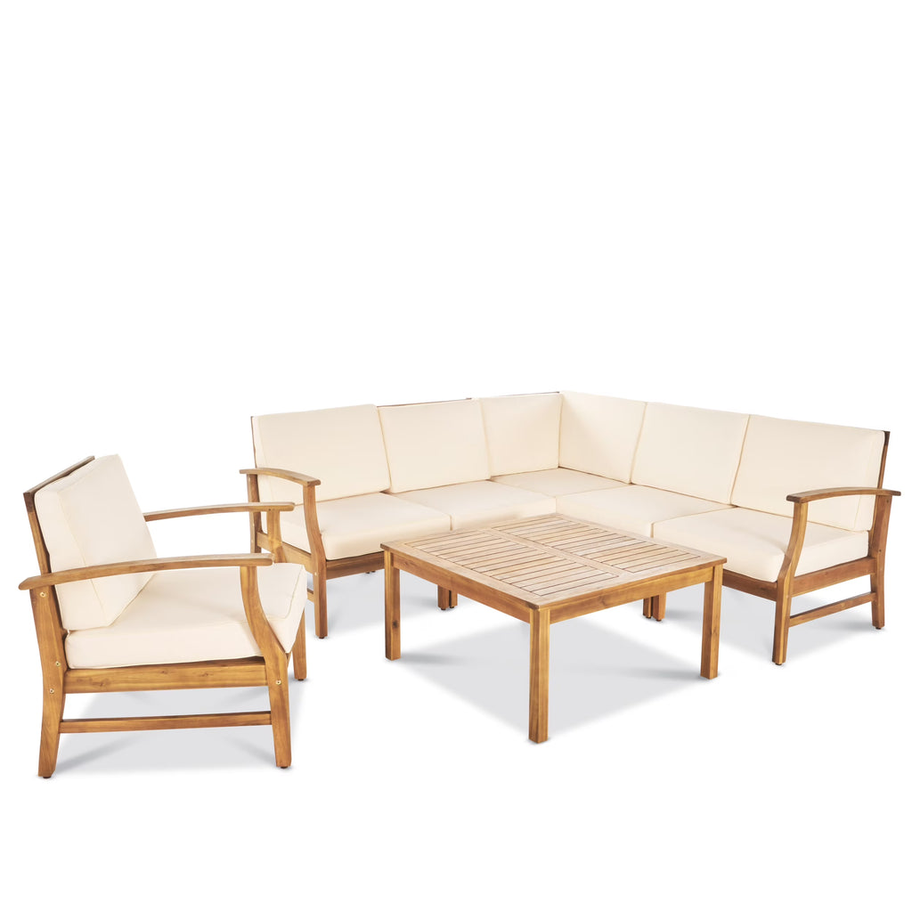 Teak and Cream Acacia Wood 6 Seater Sectional Sofa and Club Chair Chat Set with Cushions C844023