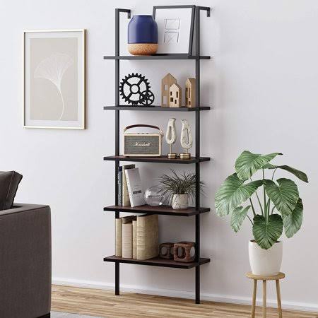 Walnut Brown/Black 5-Shelf Wood Ladder Bookcase with Metal Frame Z1438