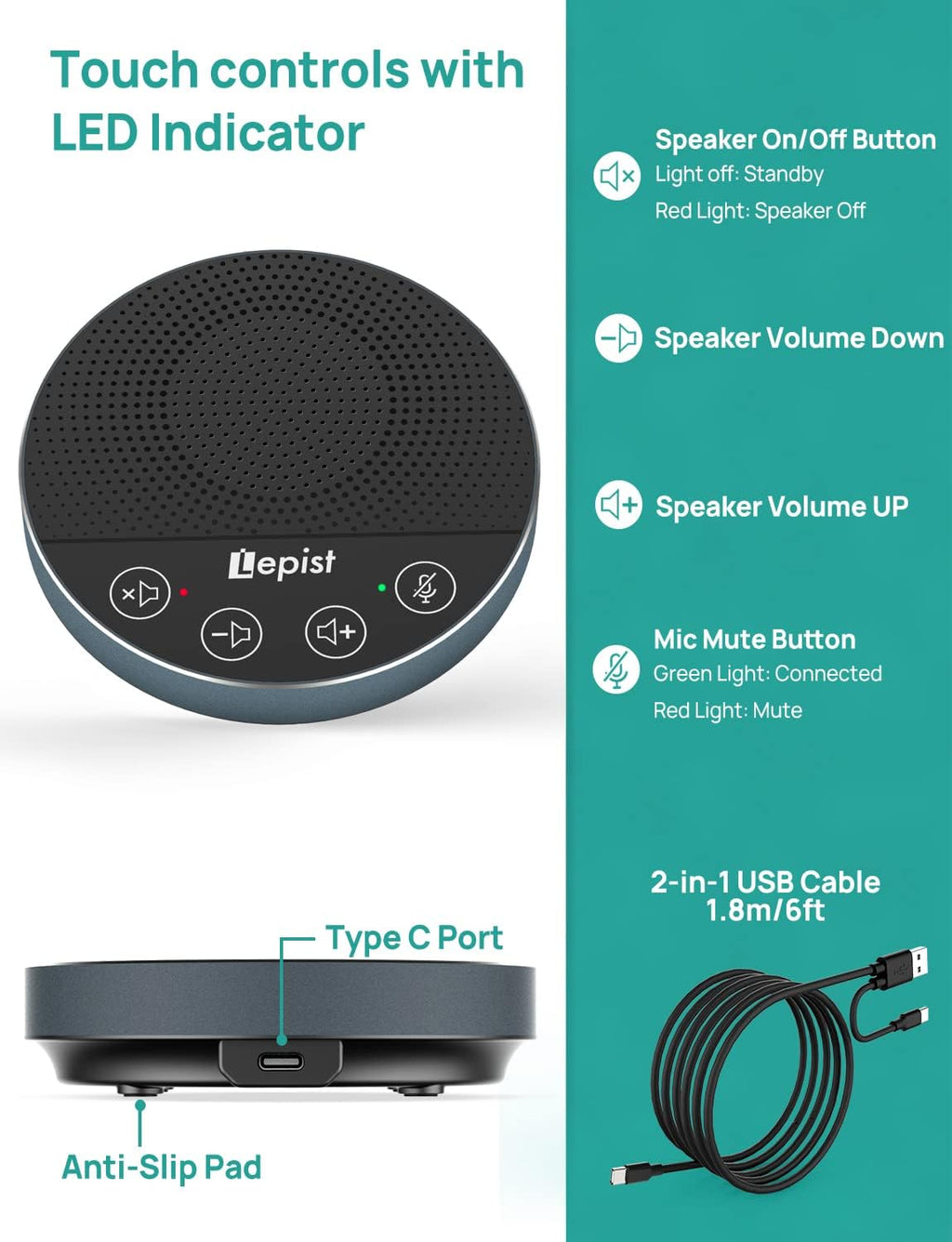 USB Speakerphone with Microphone, 360° Voice Pickup B690