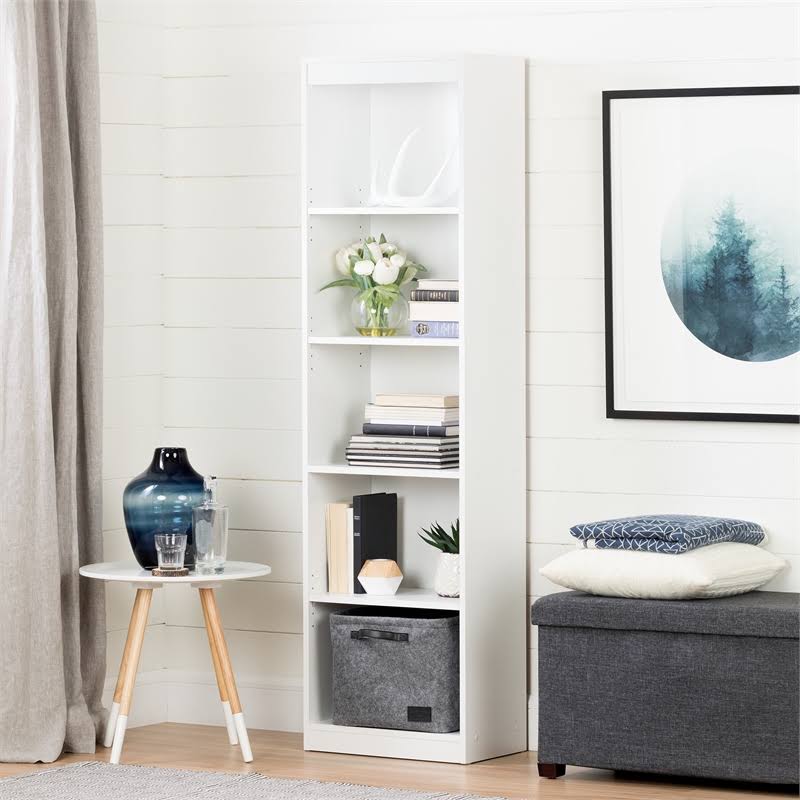 White Desk with Keyboard Tray and 5-Shelf Narrow Bookcase Set P235