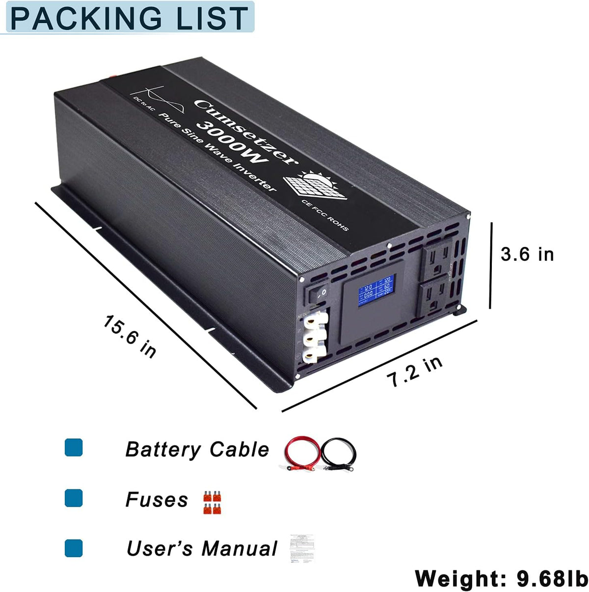 3000w 24v Pure Sine Wave Power Inverter with Dual US Outlet and LCD Display H50699