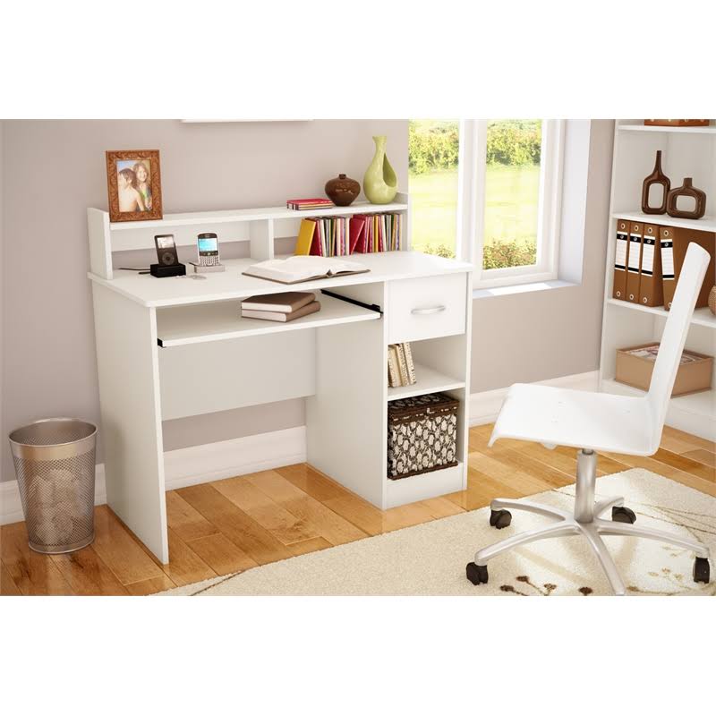 White Desk with Keyboard Tray and 5-Shelf Narrow Bookcase Set P235