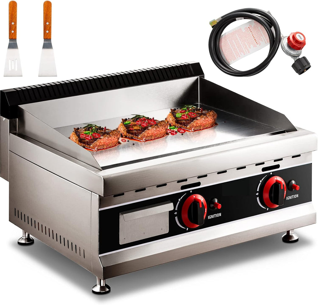 24-Inch Commercial Gas Griddle, 2-Burners Liquefied Propane Gas Flat Top Stainless Steel Countertop Manual Griddle N987374