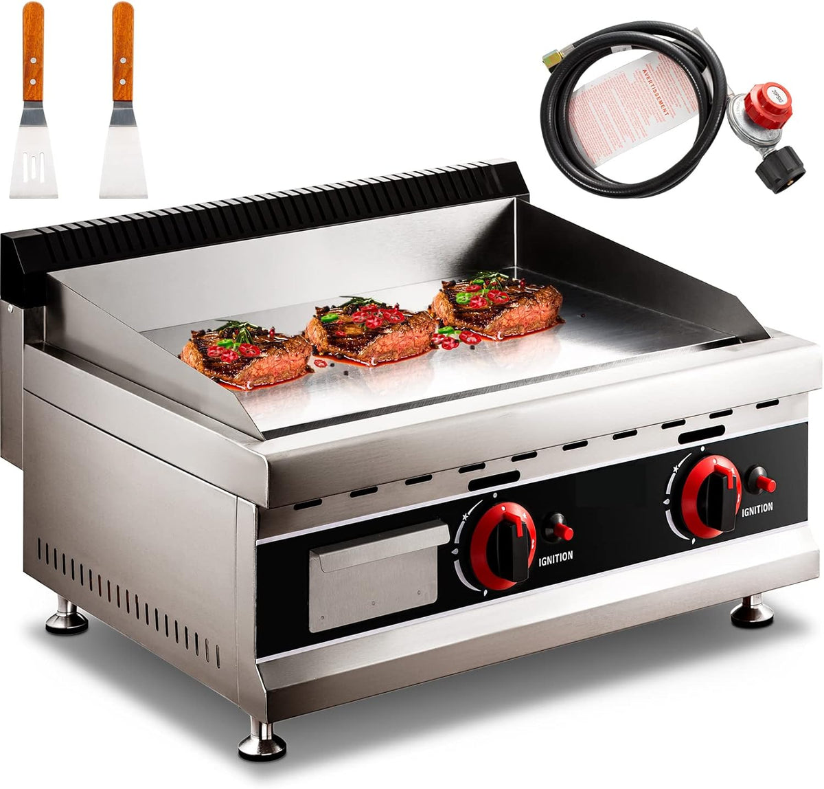 24-Inch Commercial Gas Griddle, 2-Burners Liquefied Propane Gas Flat Top Stainless Steel Countertop Manual Griddle N987374