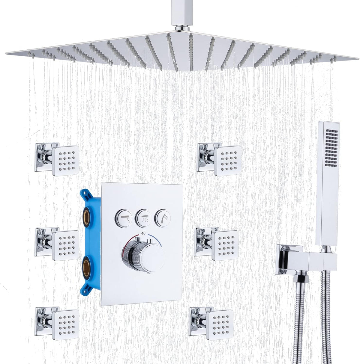 16 Inch Rain Shower Head System with Body Jets and Handheld Shower Faucet Fixture Set A1929