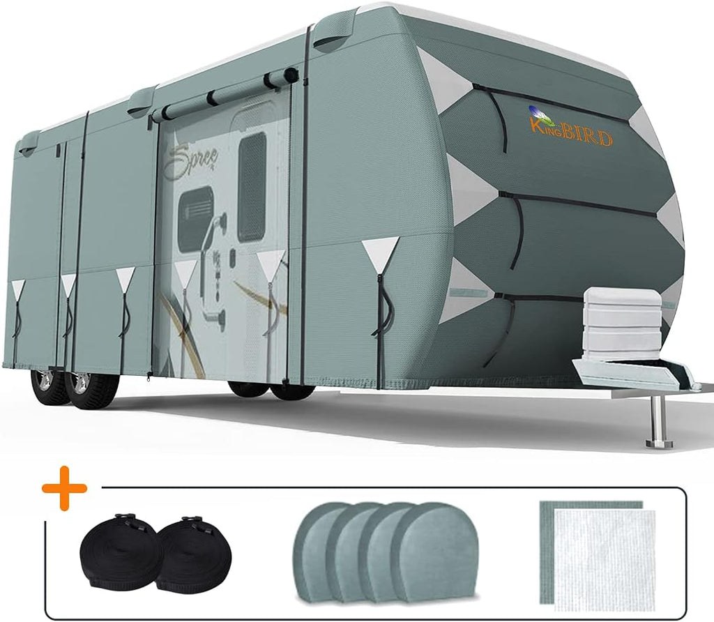 Extra-Thick 5 Layers Waterproof RV Cover with 2Pcs Straps & 4 Tire Covers P988