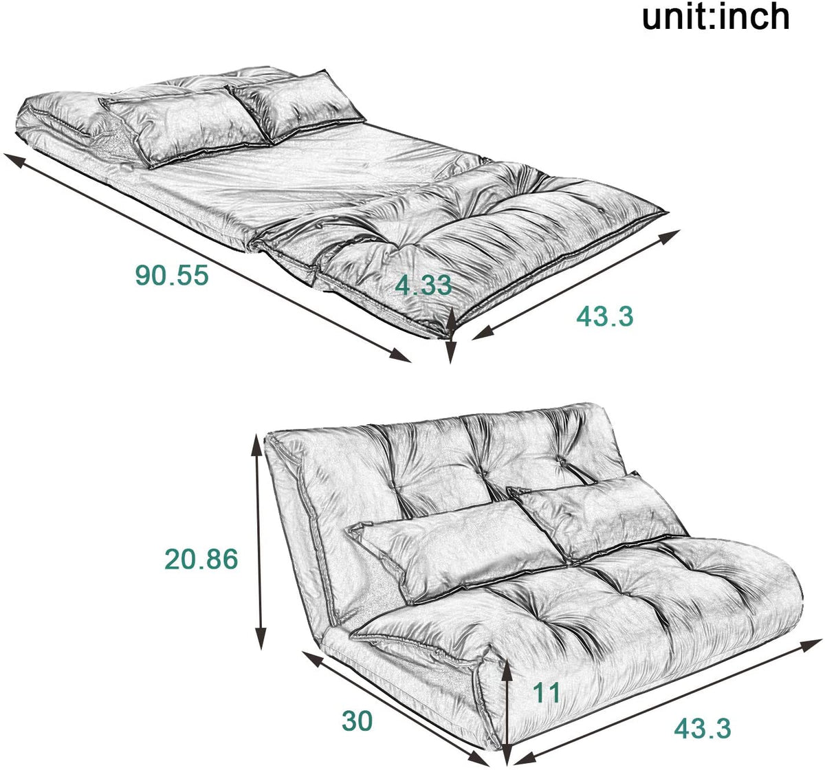 Beige Adjustable Floor Sofa Bed with 2 Pillows O50120