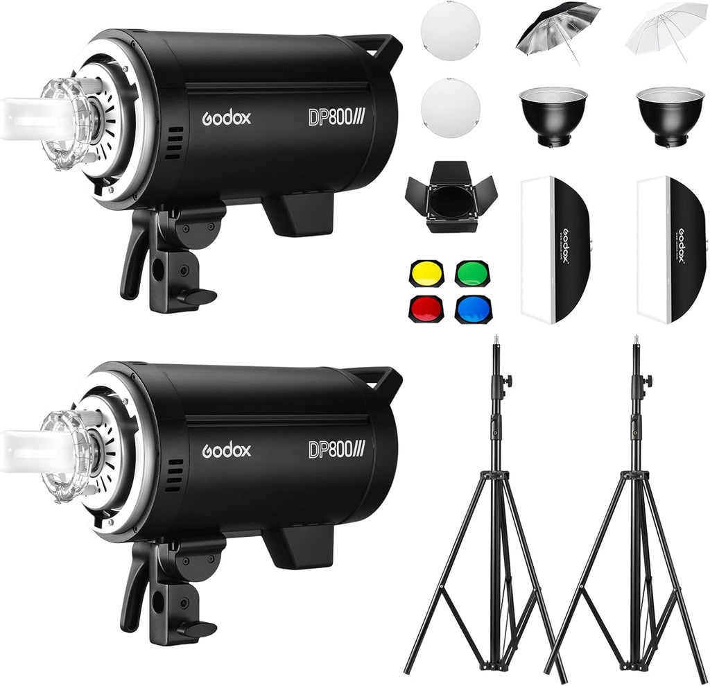 2Pack DP800III Studio Flash Strobe Monolight Bowens Mount Kit with Light Stand, Softbox, Umbrella, Barn Door Kit R698