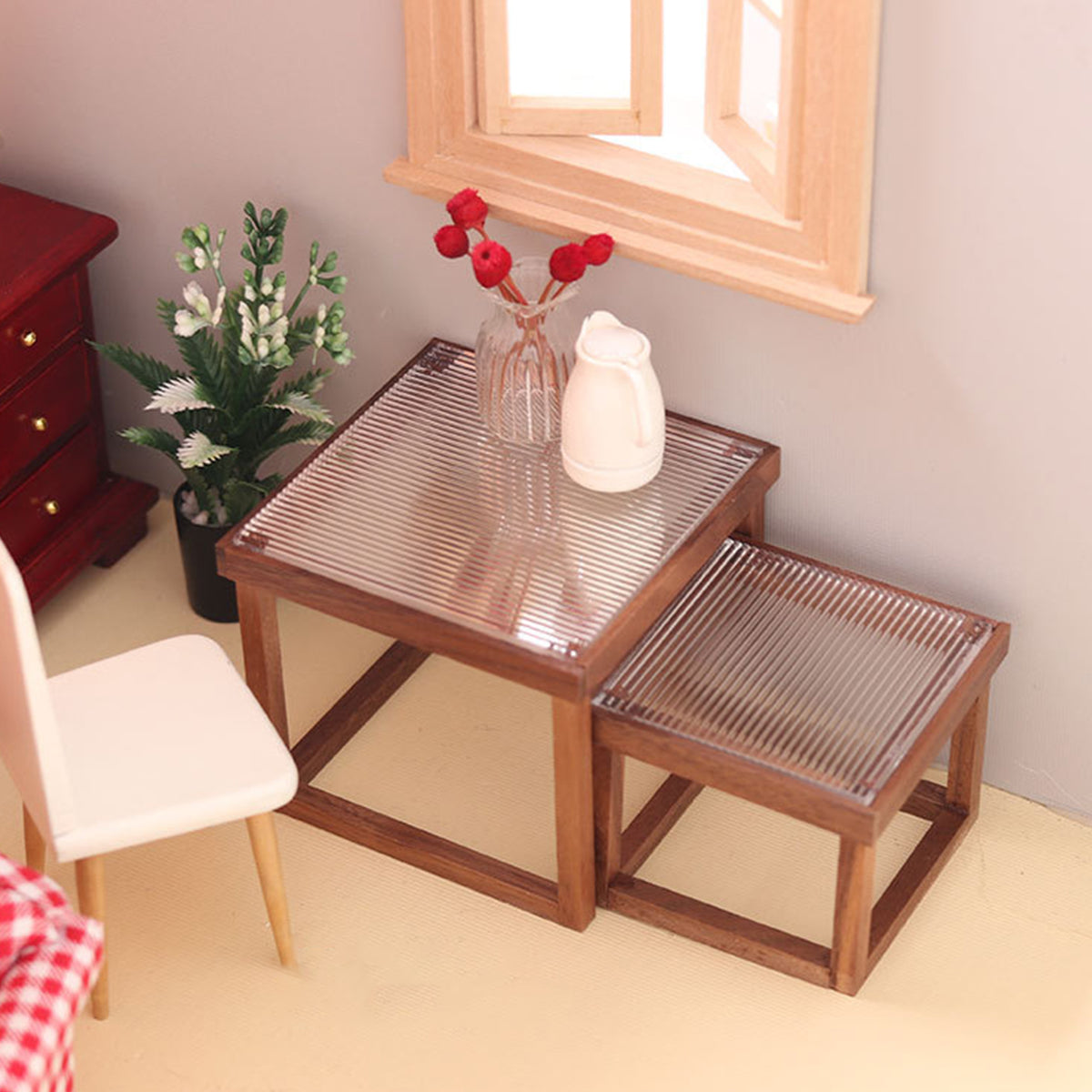 Mini Table Acrylic Black Walnut Wood for 1/12 Doll House Y144