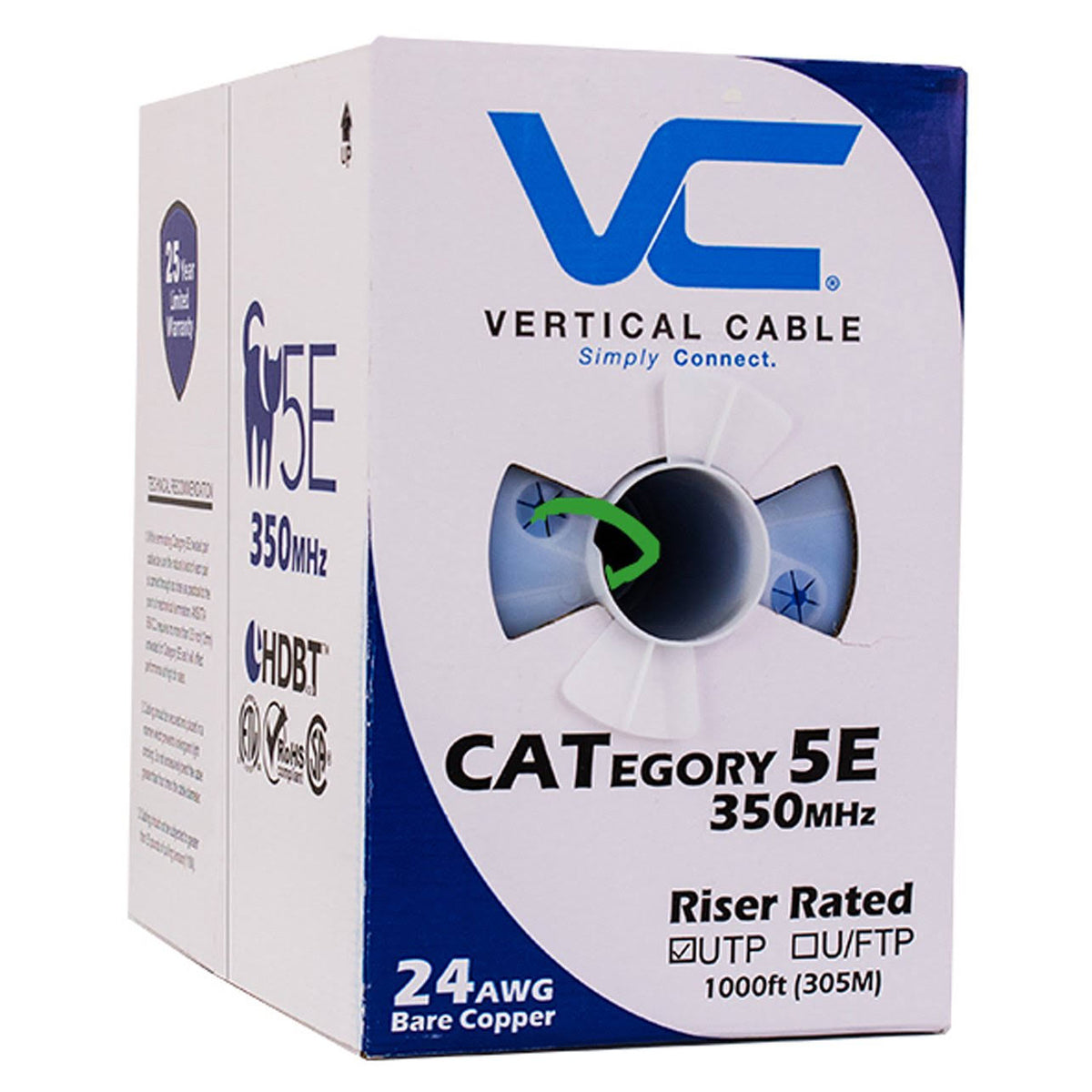 Cat5e 350 MHz UTP 24AWG 8C Solid Bare Copper 1000ft Green Bulk Ethernet Cable I193365