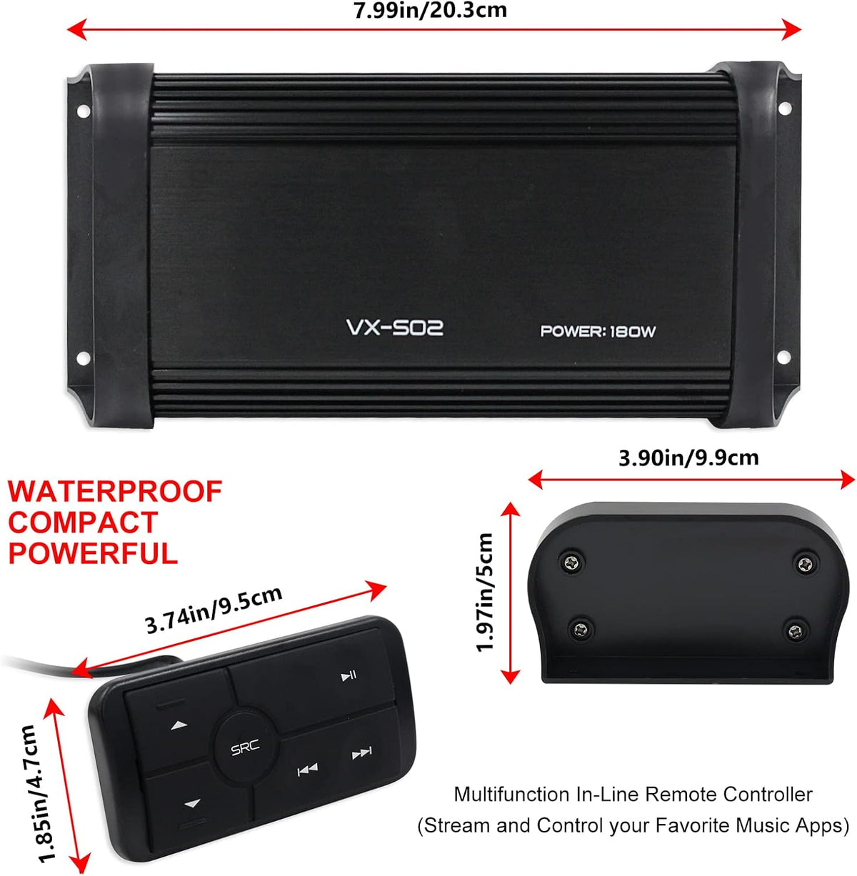 180 Watts 4 Channel Waterproof Marine Bluetooth Amplifier H4997