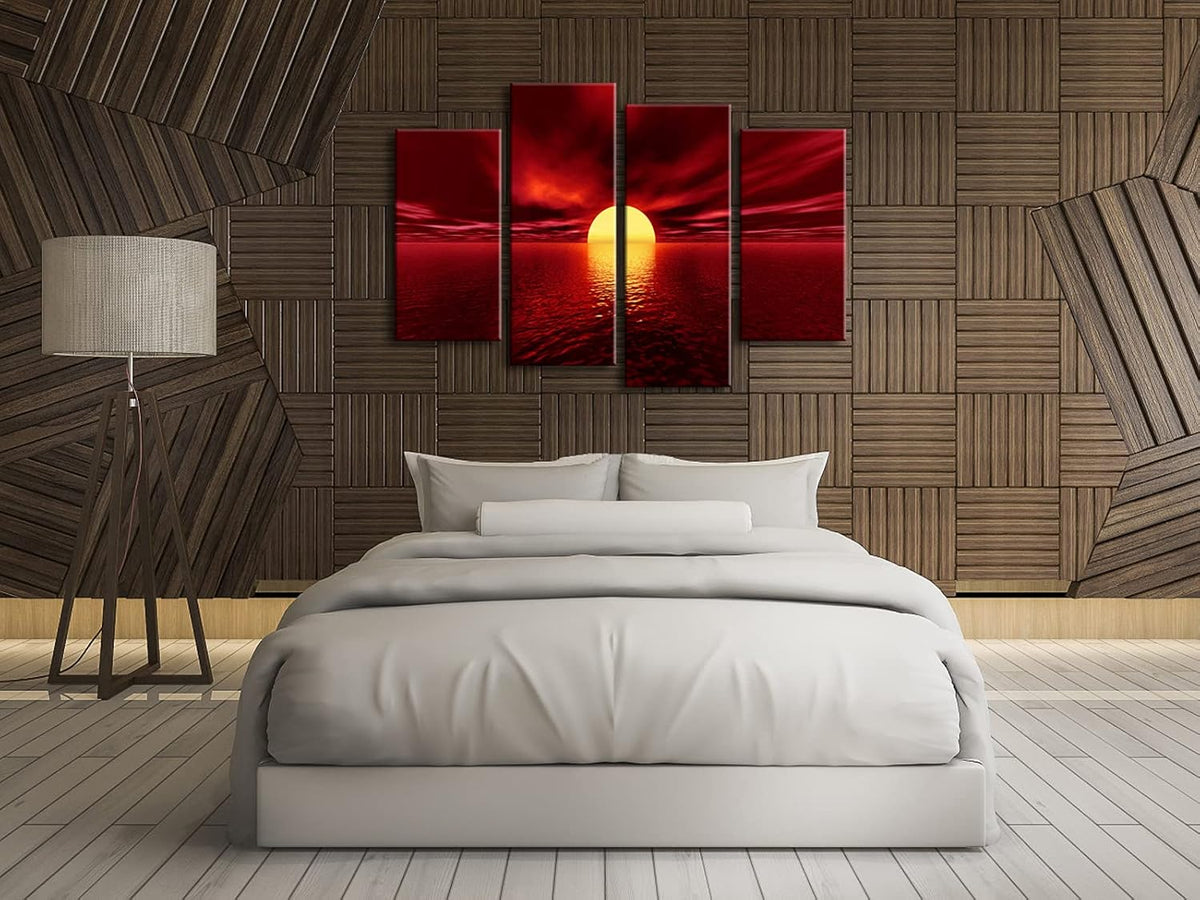 Red Sea Sun Paintings 4 Piece Large Stretched Framed Seascape Ocean Beach Canvas Art Y92912