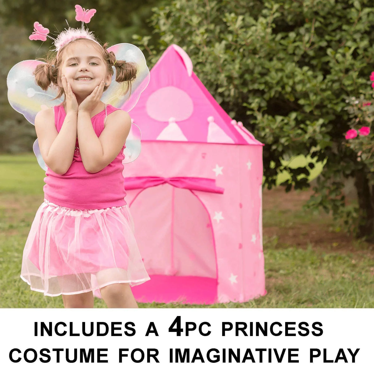 5-Piece Princess Castle Play Tent with Glow in The Dark Stars & Butterfly Dress Up Costume C797496