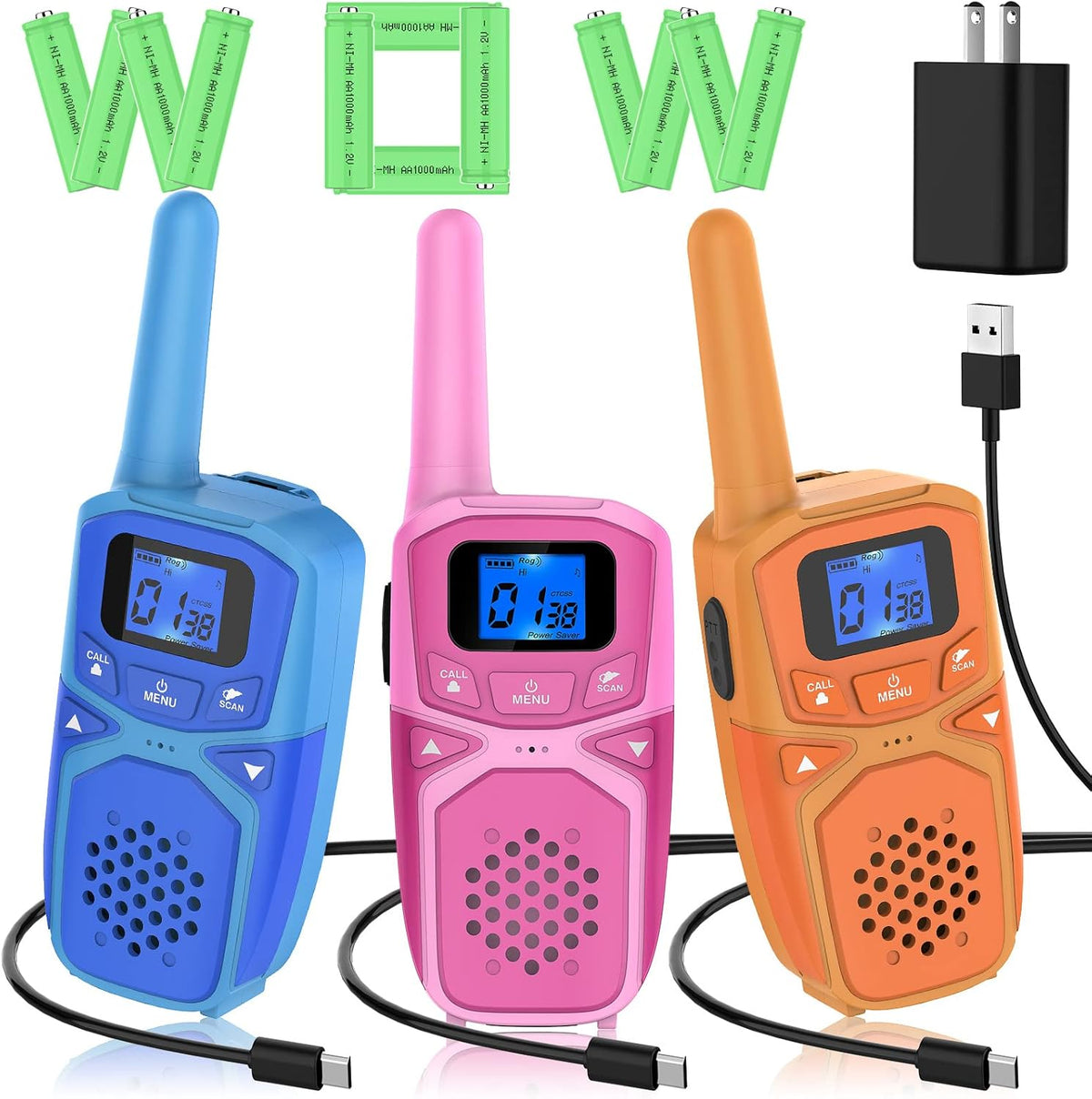 4 Pack Rechargeable Walkie Talkie, 3 Miles Range (Blue Pink Green Orange) R20114