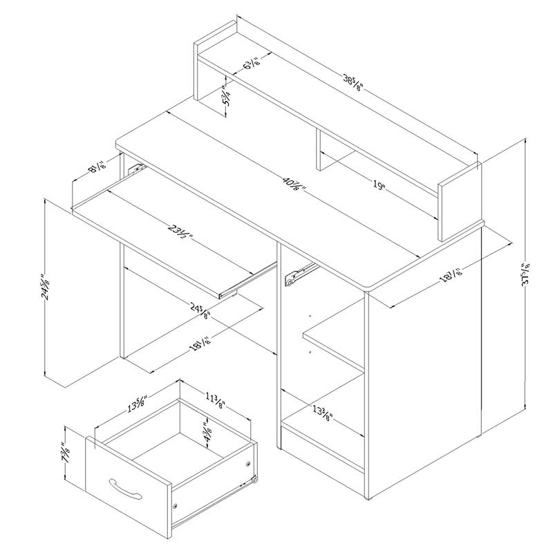 White Desk with Keyboard Tray and 5-Shelf Narrow Bookcase Set P235
